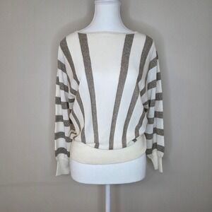 Trina Turk Cream Gold Metallic Striped Merino Wool Blouse Sweater Size S